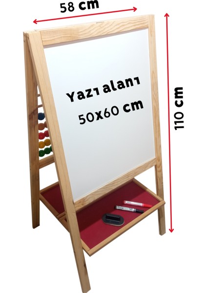 Ata Ahşap Oyuncak Yazı Tahtası & 100'LÜ Abaküs Manyetik Özellikli (EN:58CM H:110 cm Manyetik Sayı & Alfabe  Hediye)