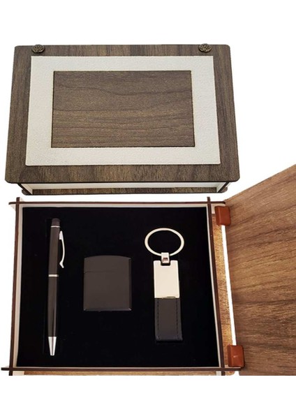 Özel Ahşap Kutulu Siyah Anahtarlık Kalem ve Çakmak Set
