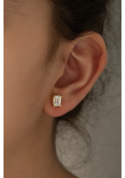 Swarovski Zirconia Baget Taşlı Gümüş Gold Küpe