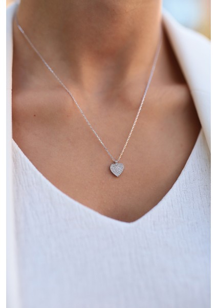 Swarovski Taşlı Kalpli Gümüş Kolye