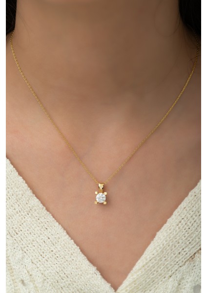 Swarovski Zirconia Tek Taşlı Gold Gümüş Kolye 6mm