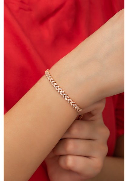 Beyaz Zirkon Taşlı Rose Gümüş Bileklik