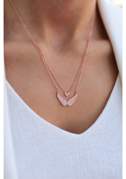 Kalpli Melek Kanatlı Zirkon Taşlı Gümüş Kolye