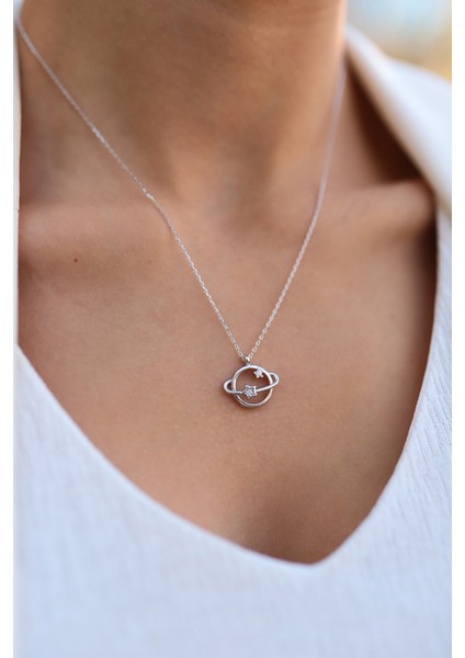 Swarovski Taşlı Gümüş Yıldızlı Satürn Kolye