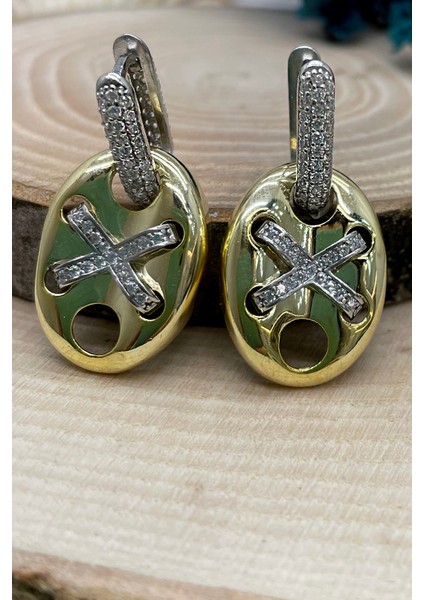 925 Ayar Gümüş Zirkon Taşlı Iki Renk Küpe