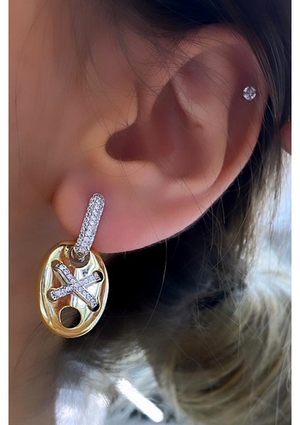 925 Ayar Gümüş Zirkon Taşlı Iki Renk Küpe fiyatları