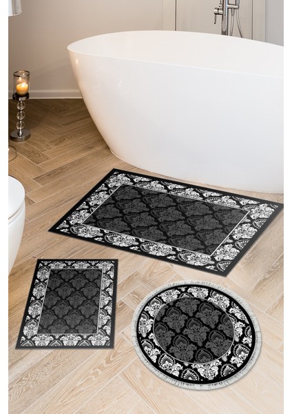 Kaymaz Taban Djt 3'lü Banyo Paspas Takımı Star Pamuk Karışık Modern 700M Siyah