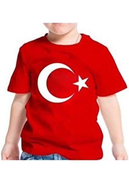 23 Nisan 19 Mayıs 29 Ekim 10 Kasım Okul Gösteri Unisex Garson Boy Ay Yıldız Baskılı Kısa Kol Tshirt - Kırmızı