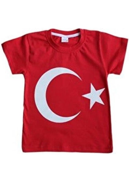 23 Nisan 19 Mayıs 29 Ekim 10 Kasım Okul Gösteri Unisex Garson Boy Ay Yıldız Baskılı Kısa Kol Tshirt - Kırmızı