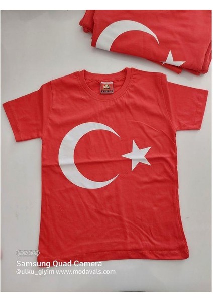 23 Nisan 19 Mayıs 29 Ekim 10 Kasım Okul Gösteri Unisex Garson Boy Ay Yıldız Baskılı Kısa Kol Tshirt - Kırmızı