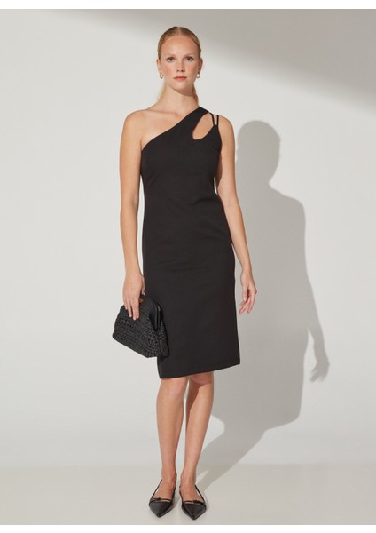 Siyah Kadın Midi Dar Tek Omuz Elbise MISU