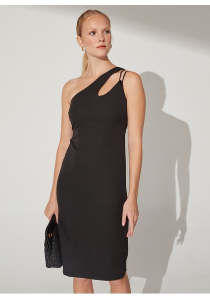 Siyah Kadın Midi Dar Tek Omuz Elbise MISU modelleri