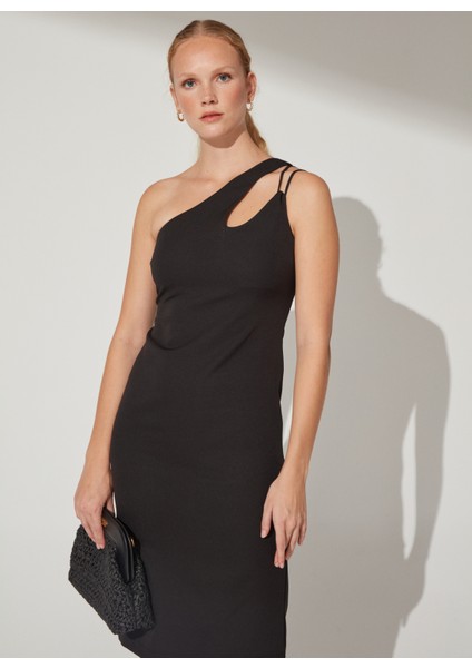 Siyah Kadın Midi Dar Tek Omuz Elbise MISU fırsatları