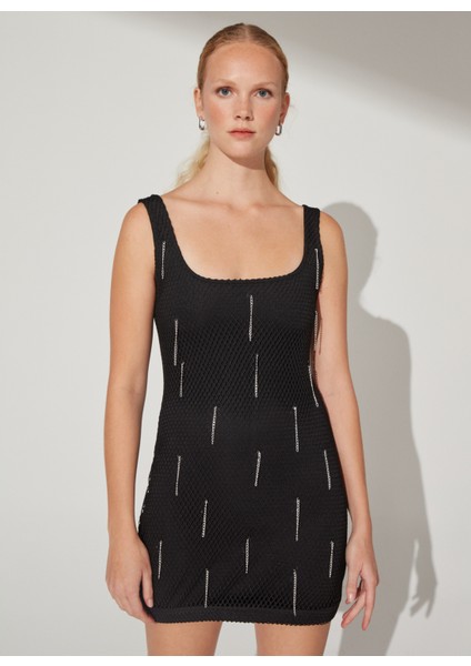 U Yaka Taşlı Siyah Mini Kadın Elbise K-Solıfsa modelleri