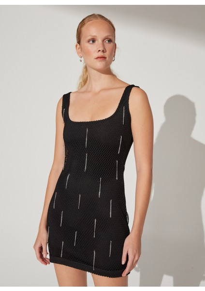 U Yaka Taşlı Siyah Mini Kadın Elbise K-Solıfsa fırsatları