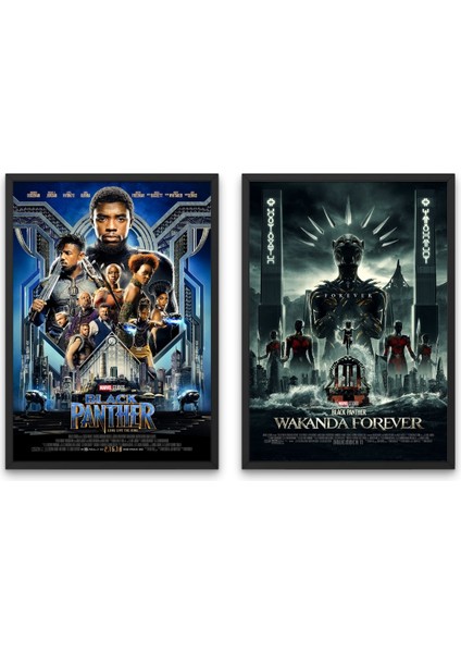 Black Panther + Wakanda Forever, 2'li Set Çerçeveli Duvar Tabloları, Marvel, Dizi Film K.