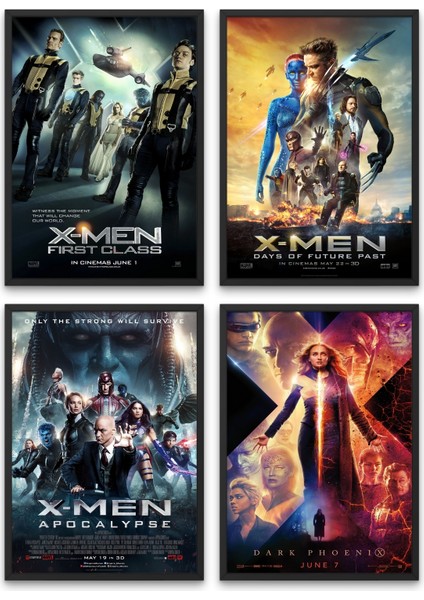 X-Men 5, 6, 7 ve 8, 4'lü Set Çerçeveli Duvar Tabloları, Marvel, Dizi Film K.