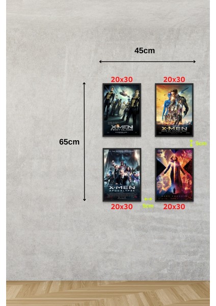 X-Men 5, 6, 7 ve 8, 4'lü Set Çerçeveli Duvar Tabloları, Marvel, Dizi Film K.