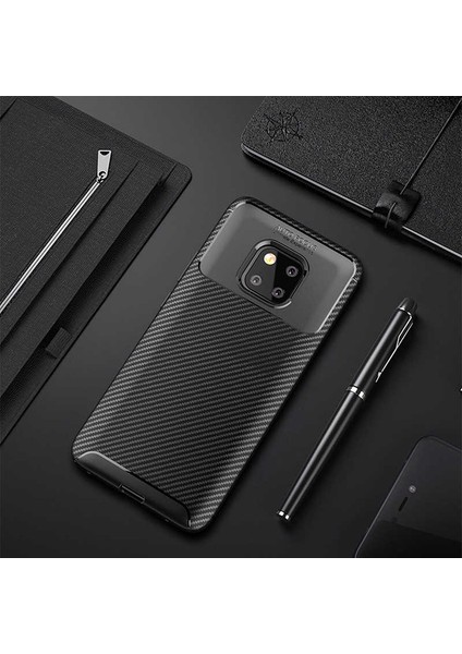 Huawei Mate 20 Pro Kılıf Kamera Çıkıntılı Karbon Fiber Dokulu Renk Atmaz Koruyucu Kapak (Negro)
