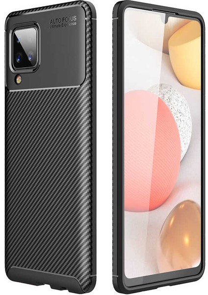 Samsung Galaxy A12 Kılıf Kamera Çıkıntılı Karbon Fiber Dokulu Renk Atmaz Koruyucu Kapak (Negro)