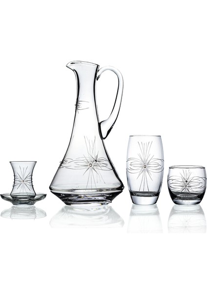 Pudgy 25 Parça 6 Kişilik Bardak Çeyiz Seti Dik Karaflı Mira Desenli