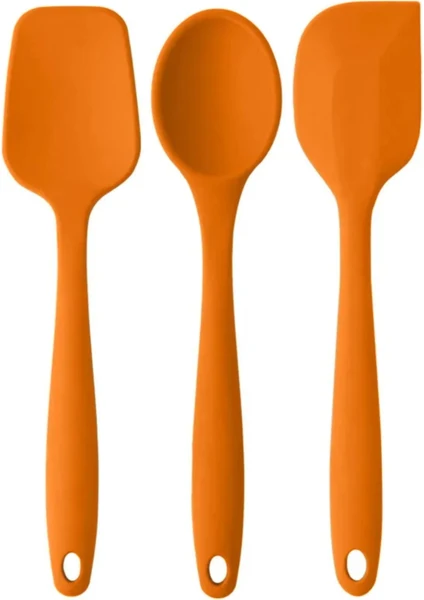 Pink Rose Bybirgül Büyük Boy Yanmaz Yapışmaz Silikon Spatula+Kaşık +Hamur Sıyırıcı Spatula Turuncu (3lü Set)