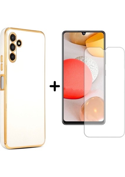 Samsung Galaxy A14 Uyumlu Kenarları Parlak Altın Renkli Kılıf ve Temperli Cam Ekran Koruyucu
