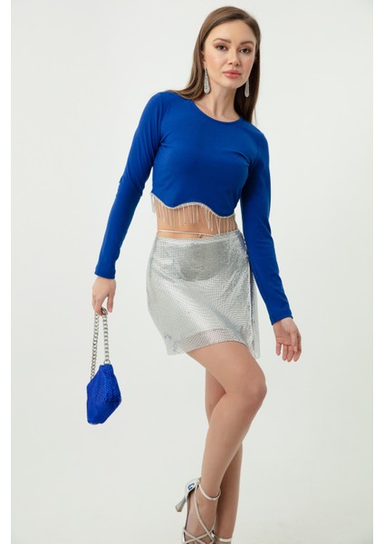 Kadın Püskül Taşlı Crop Bluz