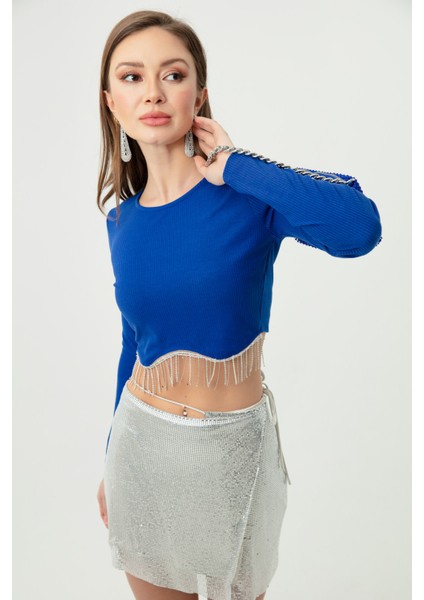 Kadın Püskül Taşlı Crop Bluz