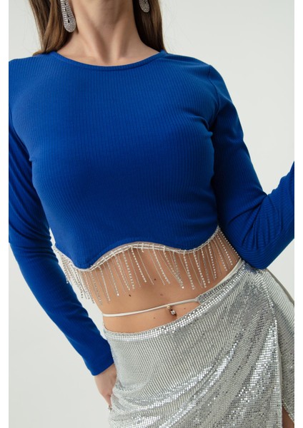 Kadın Püskül Taşlı Crop Bluz