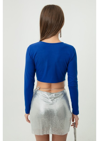 Kadın Püskül Taşlı Crop Bluz