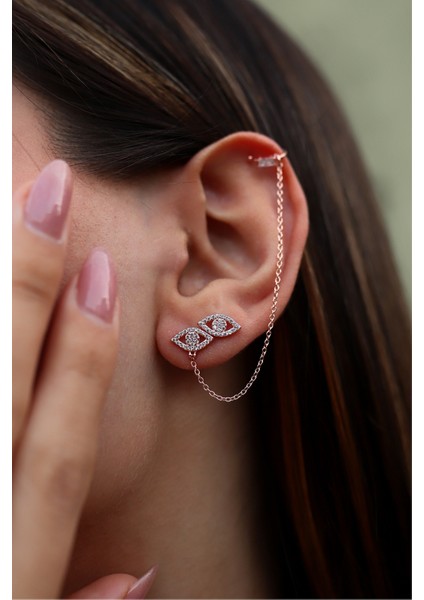 Zirkon Taşlı Kıkırdakli Çift Gümüş Küpe