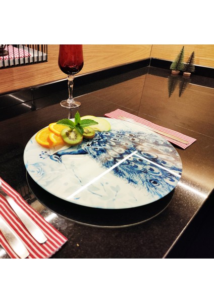 Tavuskuşu Desenli, Döner Standlı Servis Ve Sunum Tabağı, Peynir Tabağı, Lazy Susan