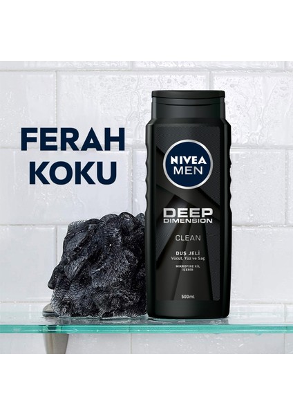 NIVEA Men Erkek Duş Jeli Deep Dimension 500 ml x3 Adet,Saç,Yüz ve Vücut için