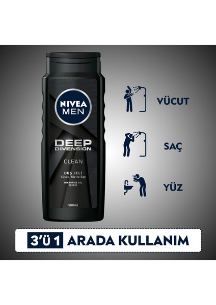 NIVEA Men Erkek Duş Jeli Deep Dimension 500 ml x3 Adet,Saç,Yüz ve Vücut için