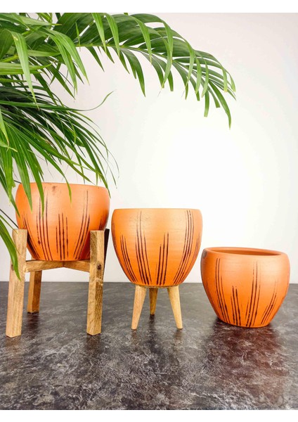 Ev Dekorasyon Siyah Çizgi Desenli Terrakota Toprak Saksı Saksılık Salon Çiçeklik Üçlü Set - 15 Cm