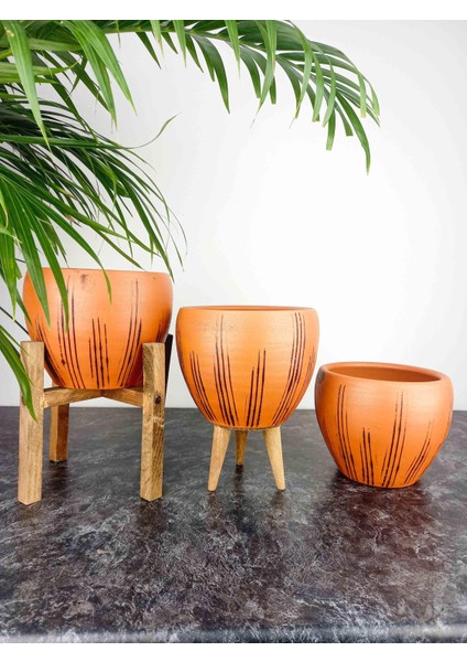 Ev Dekorasyon Siyah Çizgi Desenli Terrakota Toprak Saksı Saksılık Salon Çiçeklik Üçlü Set - 15 Cm fiyatları
