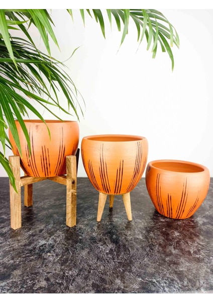 Ev Dekorasyon Siyah Çizgi Desenli Terrakota Toprak Saksı Saksılık Salon Çiçeklik Üçlü Set - 15 Cm modelleri