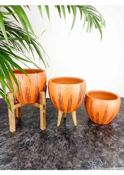 Ev Dekorasyon Siyah Çizgi Desenli Terrakota Toprak Saksı Saksılık Salon Çiçeklik Üçlü Set - 15 Cm fırsatları