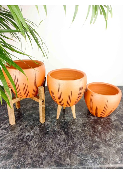 Ev Dekorasyon Siyah Çizgi Desenli Terrakota Toprak Saksı Saksılık Salon Çiçeklik Üçlü Set - 15 Cm indirimleri