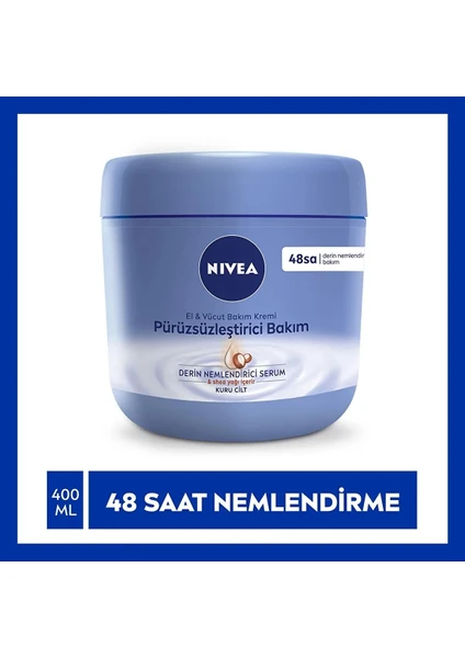 NIVEA El ve Vücut Bakım Kremi Pürüzsüzleştirici 400ml, 48 Saat Nemlendirici Serum, Shea Yağı, Kuru Ciltler