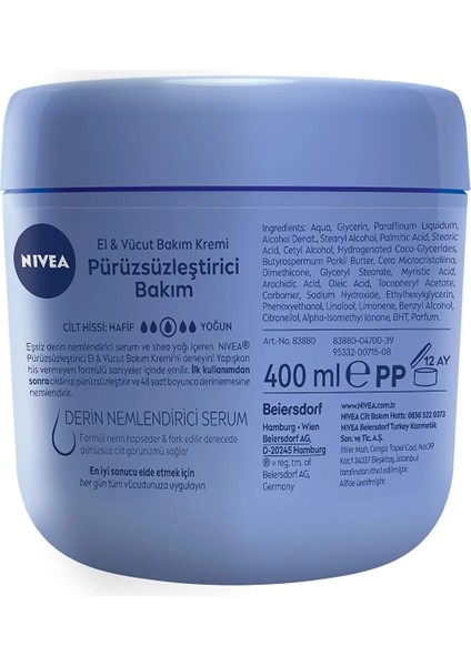 NIVEA El ve Vücut Bakım Kremi Pürüzsüzleştirici 400ml, 48 Saat Nemlendirici Serum, Shea Yağı, Kuru Ciltler