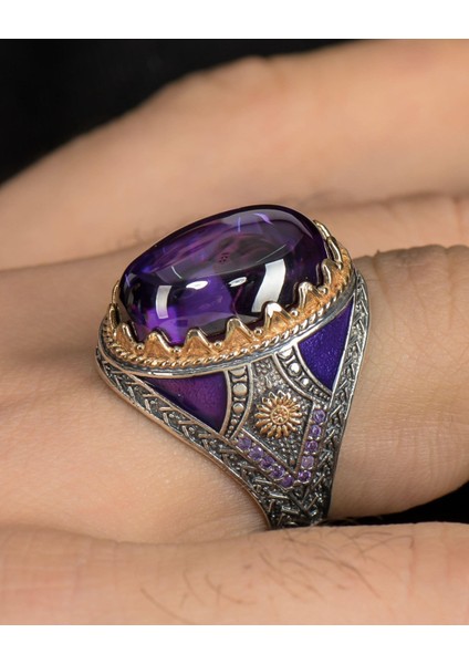 Gümüş Ametist Taşlı 925 Ayar Gümüş Erkek Yüzüğü Zirkon Taş Süslemeli