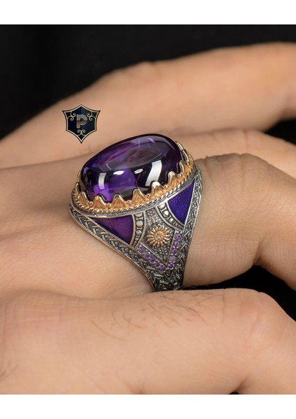 Gümüş Ametist Taşlı 925 Ayar Gümüş Erkek Yüzüğü Zirkon Taş Süslemeli modelleri