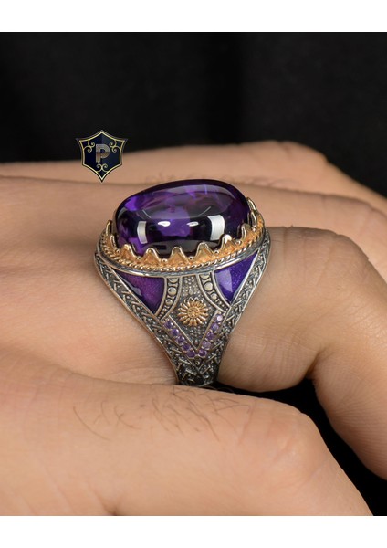 Gümüş Ametist Taşlı 925 Ayar Gümüş Erkek Yüzüğü Zirkon Taş Süslemeli fırsatları