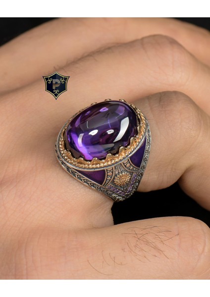 Gümüş Ametist Taşlı 925 Ayar Gümüş Erkek Yüzüğü Zirkon Taş Süslemeli indirimleri