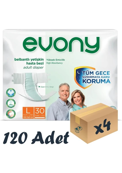 Evony Bel Bantlı Yetişkin Hasta Bezi Large 30'Lu 4 Paket 120 Adet