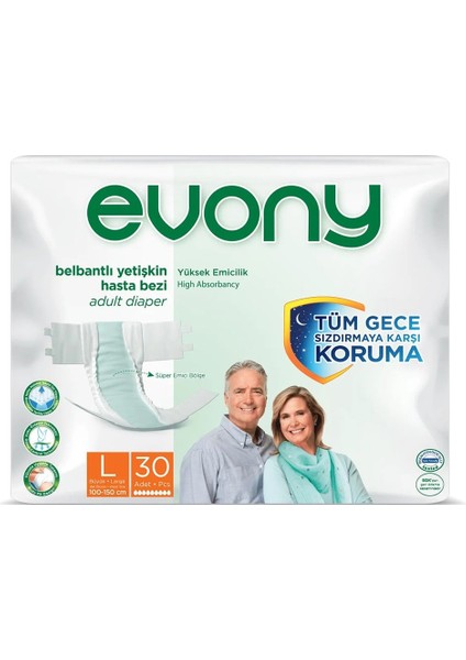 Evony Bel Bantlı Yetişkin Hasta Bezi Large 30'Lu 4 Paket 120 Adet