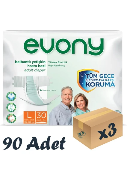 Evony Bel Bantlı Yetişkin Hasta Bezi Large 30'Lu 3 Paket 90 Adet