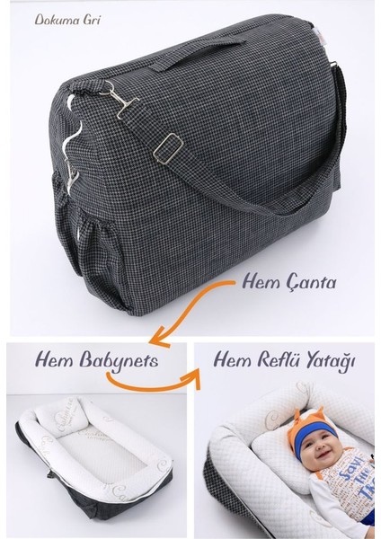 Çantalı Taşınabilir Orijinal Yatağı, Yastığı, Babynest, Anne Çantası - Dokuma Gri